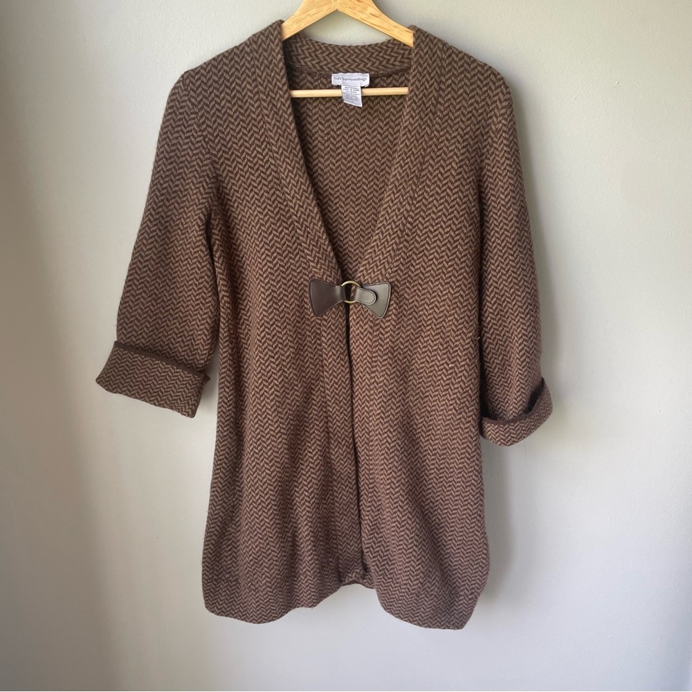 Soft Surroundings Brown Beaufort Chevron 3/4 Sleeves Long Cardigan Sz Small Wool
